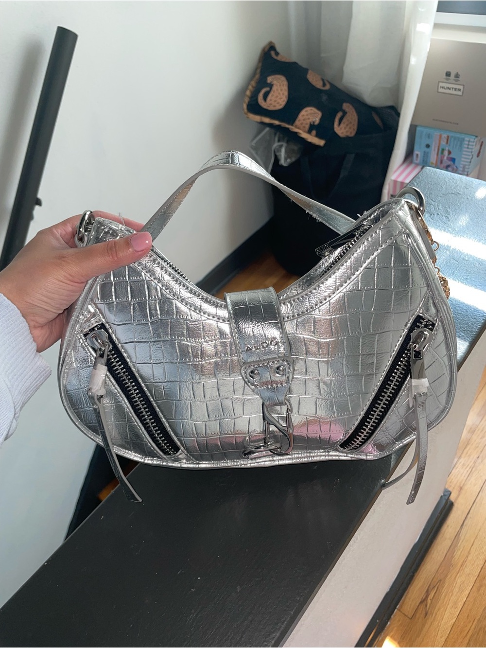 ALDO Silver Croc-Embossed Shoulder Bag